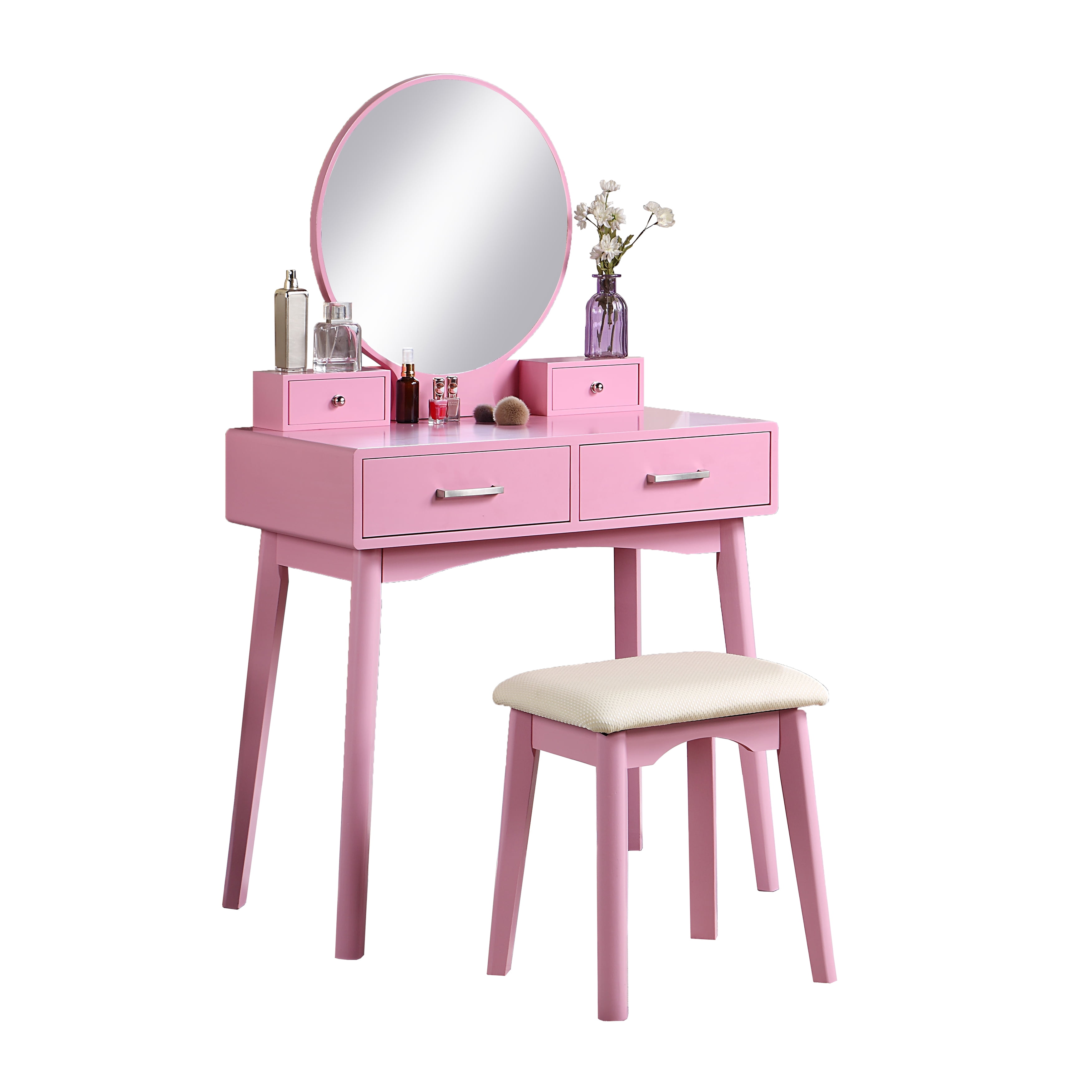 Mintazer Modern Vanity Table Set, Round Mirror Makeup Dressing Table with 4 Drawers & Upholstered Stool for Bedroom, Pink