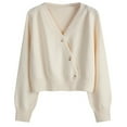 thumbnail image 2 of Women's Solid Color V-neck Breasted Short Loose Cardigan Sweater Jacket for Fall Winter Lightweight Outerwear,Beige,One Size, 2 of 4