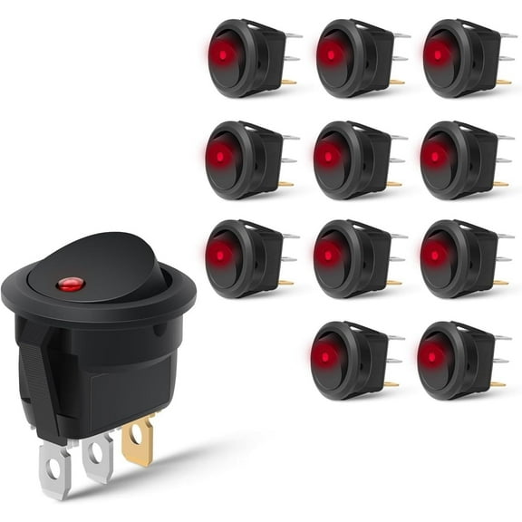 Nilight 12PCS Round Rocker Switches with Red LED, SPST 3 Pin 20A 12V/24V for Car Truck Boat
