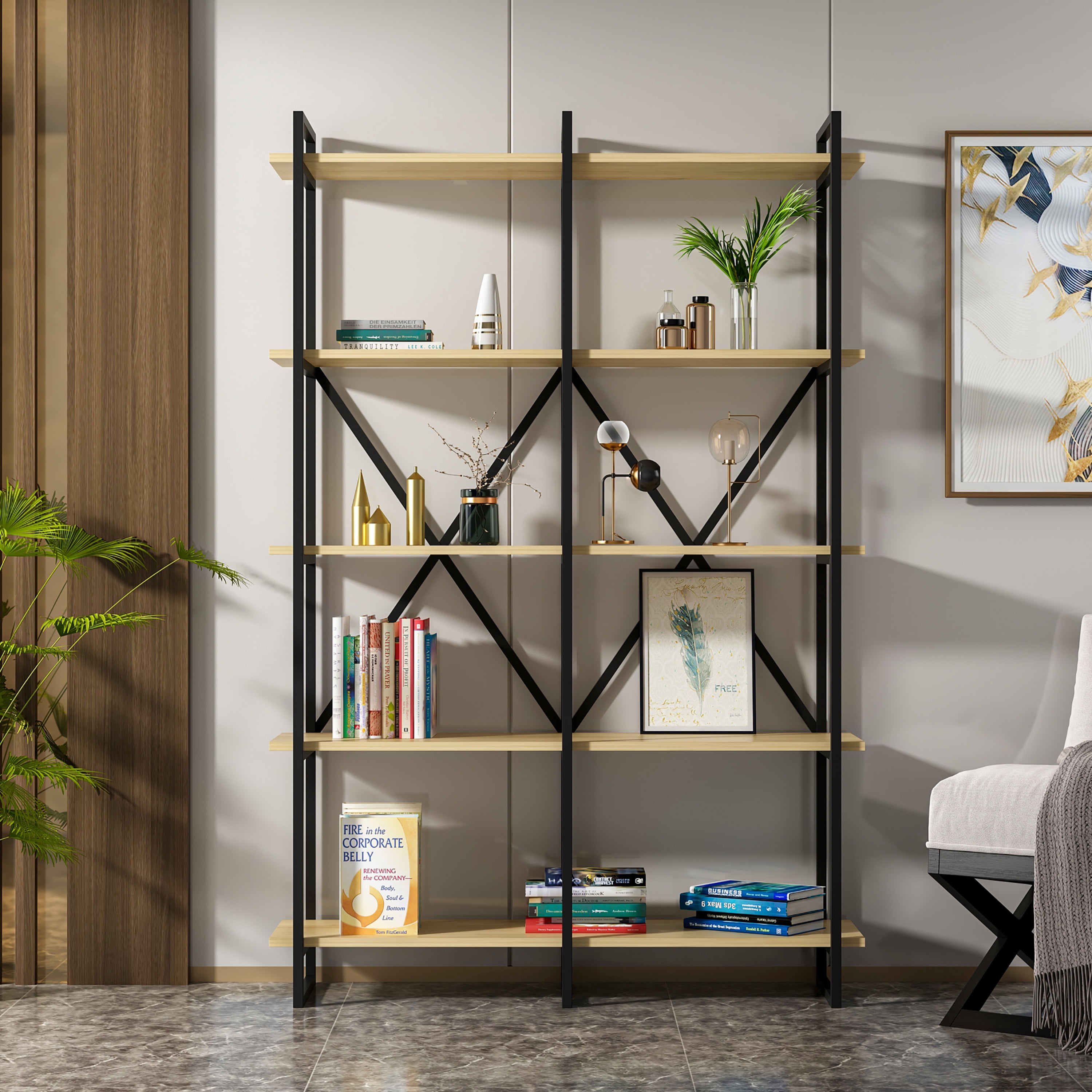 Ada Home Decor ElstonIV 4 Tier Open Shelf Modern Bookcase, Oak/Black