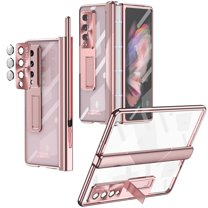 Dteck Hinge Protection Case for Samsung Galaxy Z Fold 4 with S Pen Fold Edition, Z Fold 4 Case S Pen Holder Transparent Plating PC Bulit -in Front Glass Kickstand All-Inclusive Case,Rosegold