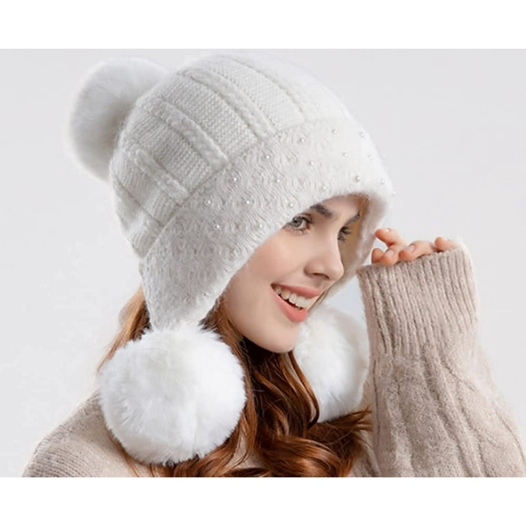 CoCopeaunts Womens Winter Hat with Earflap 3 Pom Pom Beanie Hats Fur Ball Cute Cap Knit Hat