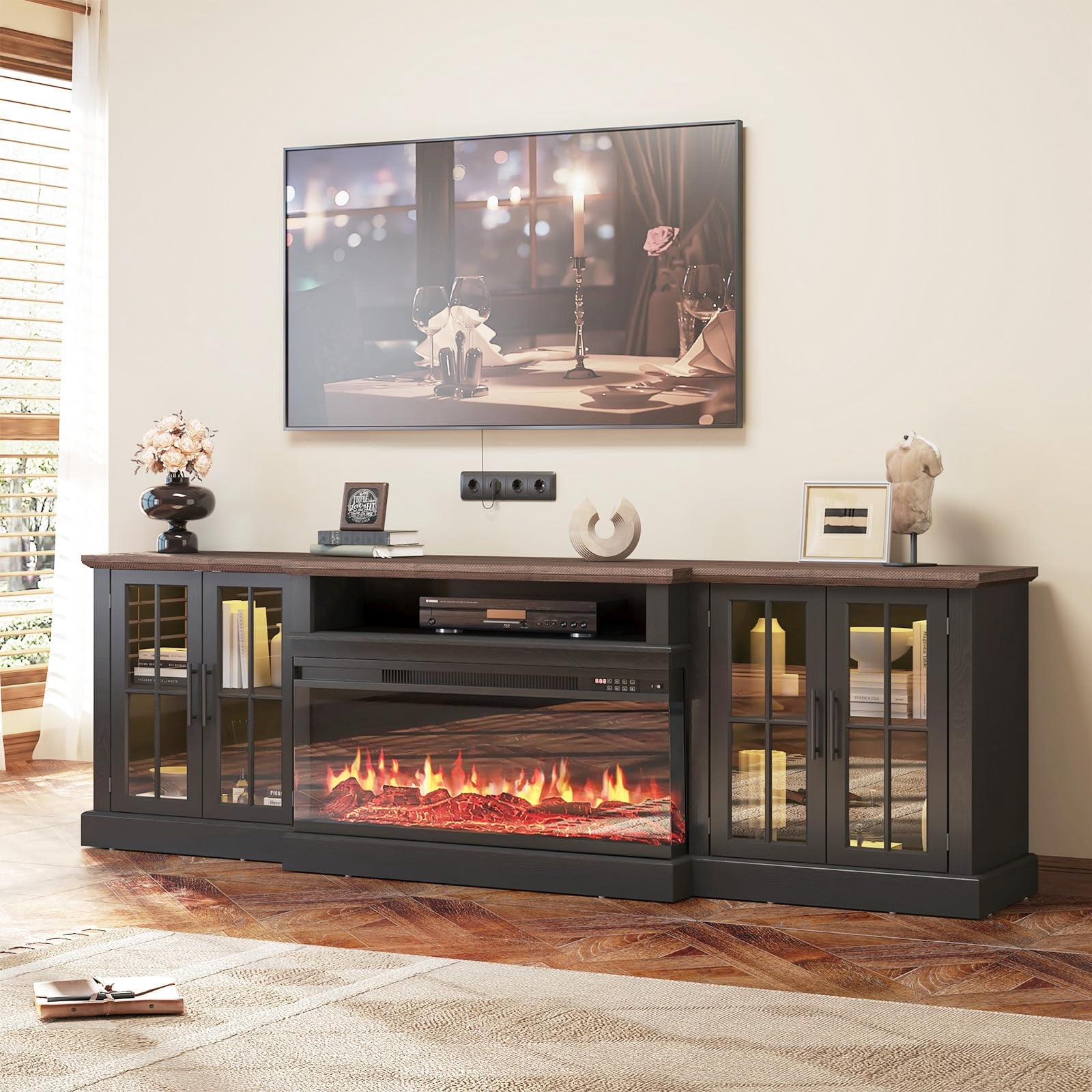 Sunmthink Farmhouse TV Stand with 36" Fireplace for TVs up to 90", 87" Media Entertainment Center with Adjustable Shelves and Large Storage Cabinets, for Living Room, Black