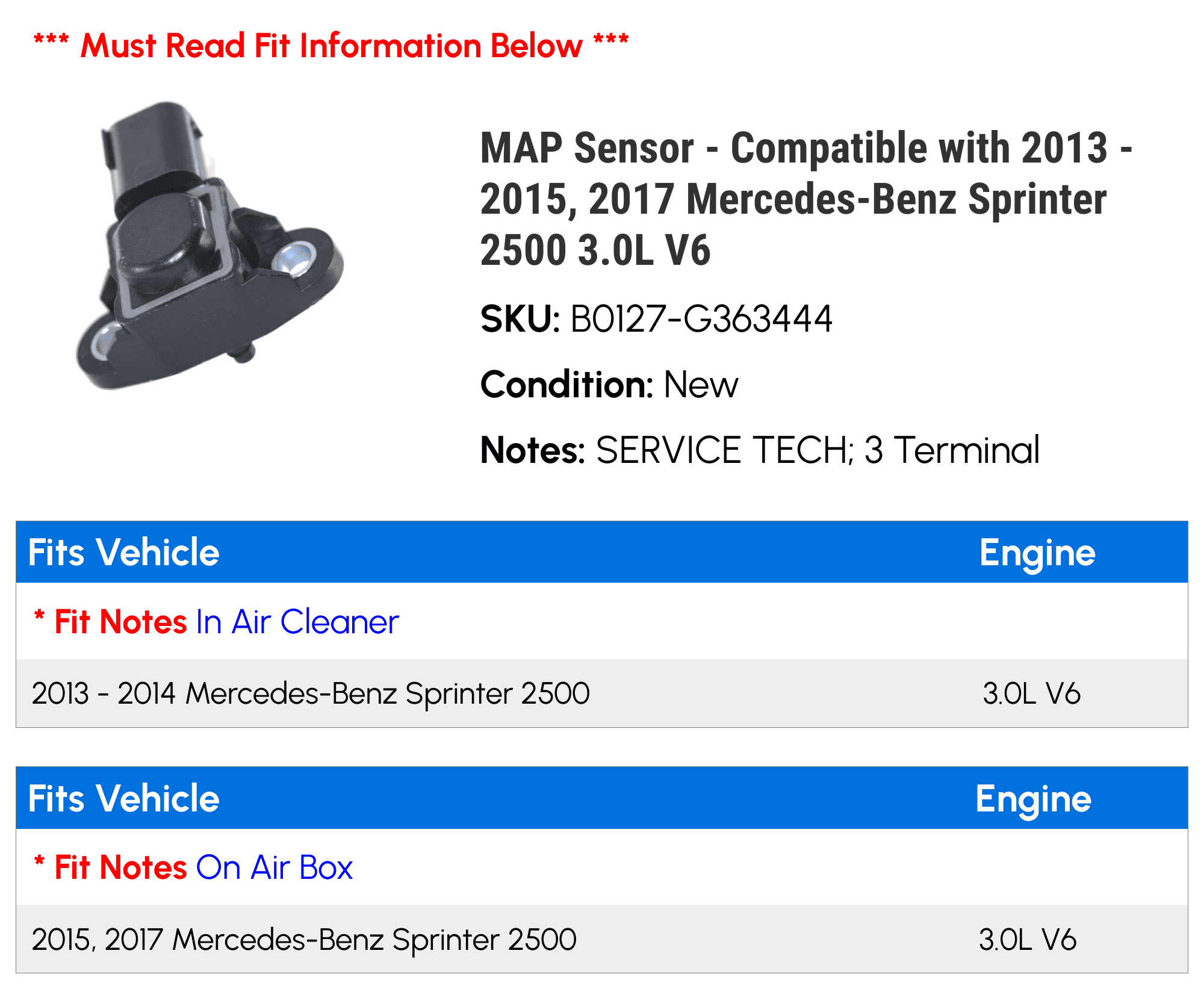 MAP Sensor - Compatible with 2013 - 2015, 2017 Mercedes-Benz Sprinter 2500 3.0L V6 2014