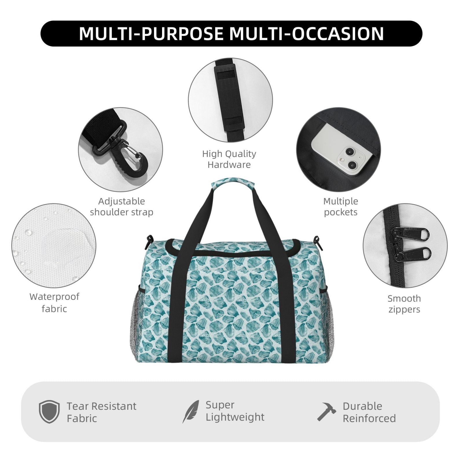 Fuzoiu Teal turquoise shell Print Travel Duffle Bag,Carry On Tote Bags,Duffel Bag,Sport Gym Bag, Hospital Bag for Labor and Delivery, Overnight Bag,Luggage Bag