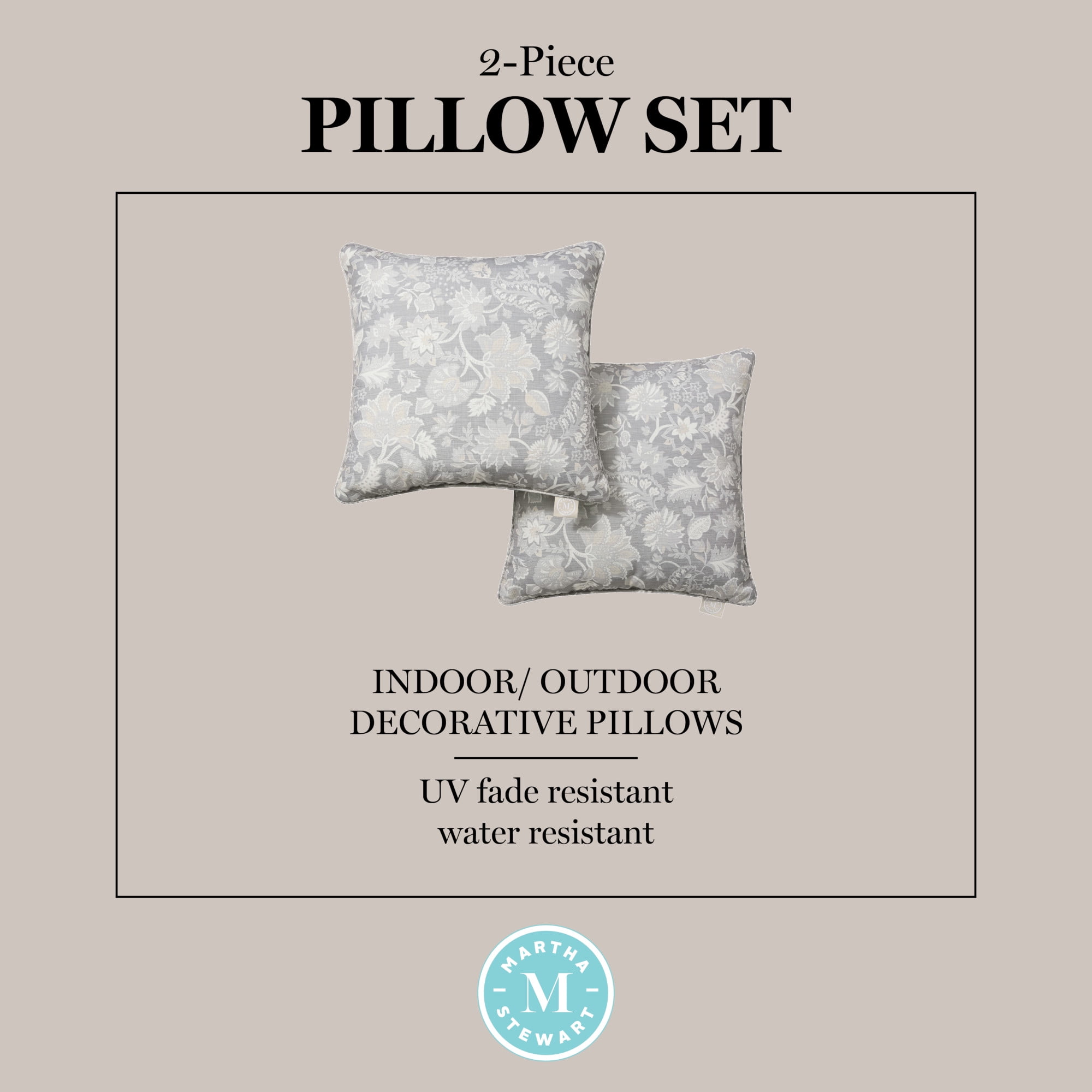 MARTHA STEWART Distressed Jacobean Indoor Outdoor Decorative Pillow 2-Pack Set, UV Fade Resistant, Water Repellent, Printed Floral Design, Grey, 18"x18"