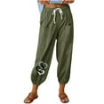 thumbnail image 2 of Ayolanni Army Green Women's Pants on Cuffed Cotton Linen Drawstring Heart Print Slacks Womens Dress Pants XXL, 2 of 6