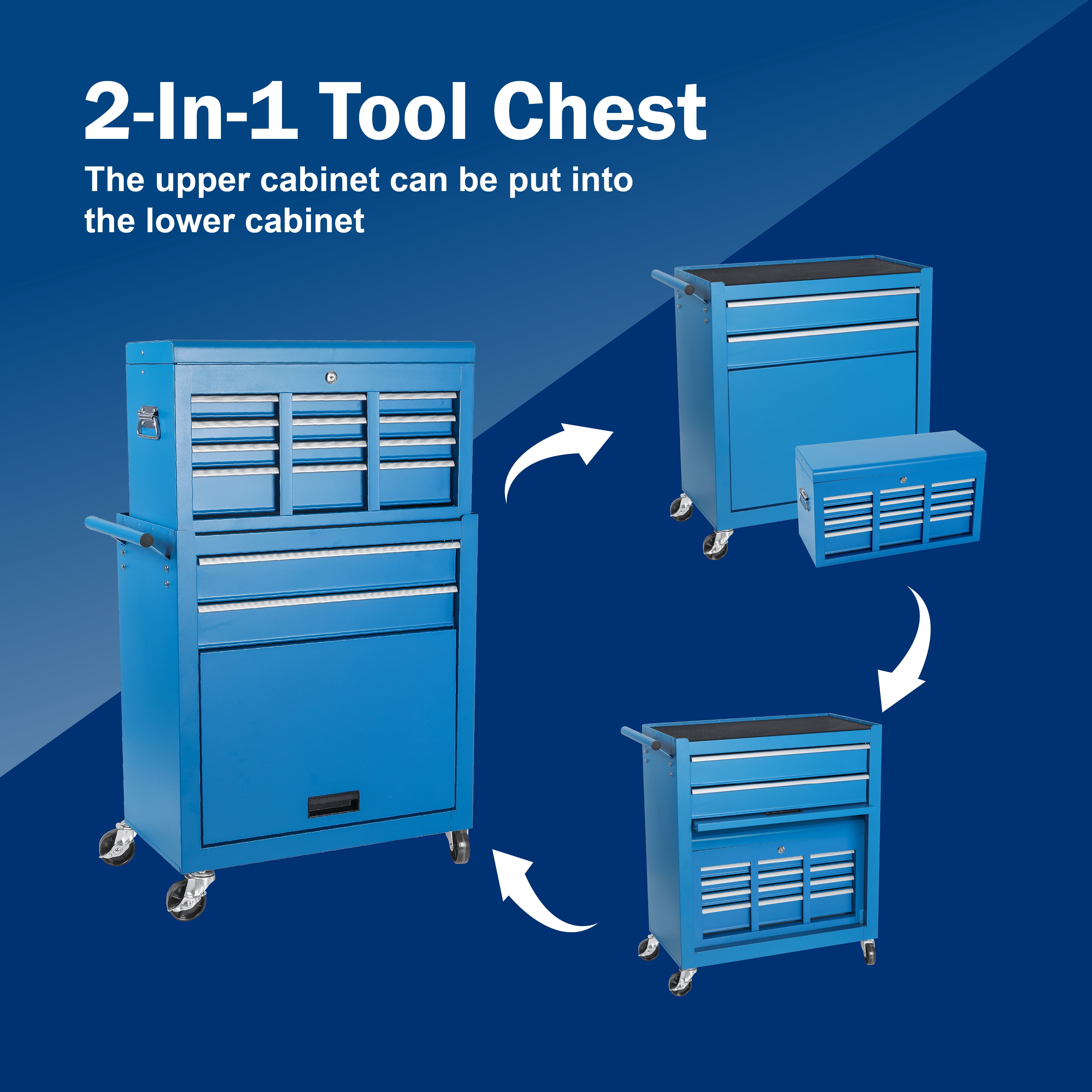 8-Drawer Rolling Tool Chest,Metal Tool Storage Cabinet with Detachable 2-in-1 Top Tool Box,Lockable Casters, Side Hooks, Lockable Drawers with Liners, Mobile Tool Cart for Garage, Workshop,Blue