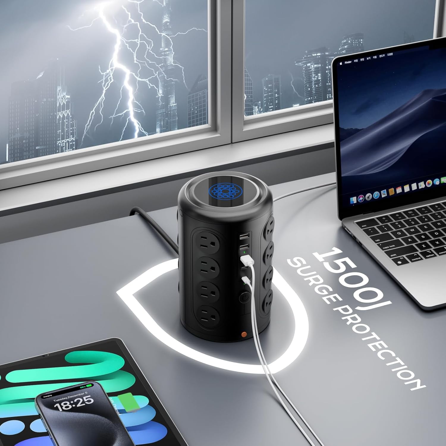 Surge Protector 10 FT Cord, Vertical Power Tower with 16 Outlets and 5 USB Ports (2 USB-C), 1875W 2000J Charging Station for Home Office Desk, Dorm Room Essentials, Black