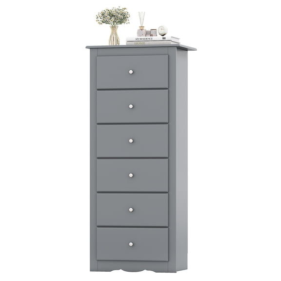 Gymax 6 Drawer Dresser Tall Wooden Chest of Drawers w/ Metal Drawer Guide Rails Grey