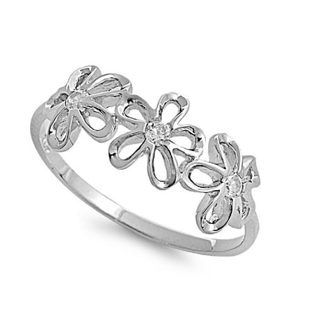 - Tres Plumeria Flower Cubic Zirconia Ring Sterling Silver 925