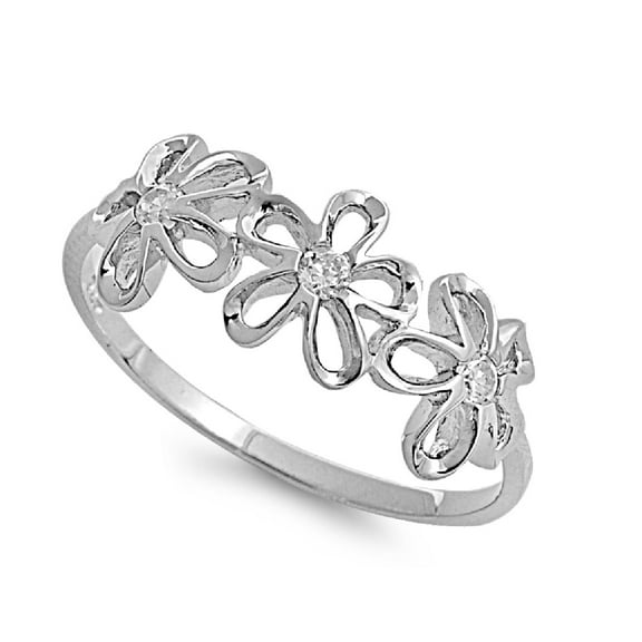Tres Plumeria Flower Cubic Zirconia Ring Sterling Silver 925