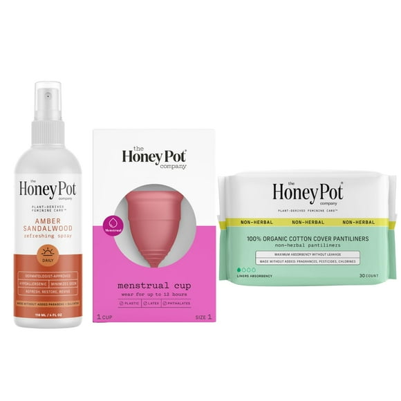 The Honey Pot Company - Amber Panty Spray, Size 1 Menstrual Cup, & Non-Herbal Liners Bundle - Natural Feminine Hygiene Products - Hypoallergenic - Sanitary Pads for Wome