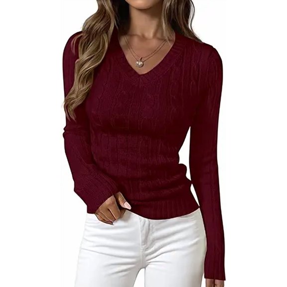 PRETTYGARDEN V Neck Cable Knit Sweaters for Women Long Sleeve Ribbed Fitted Pullover Tops Business Casual Fall Outfits