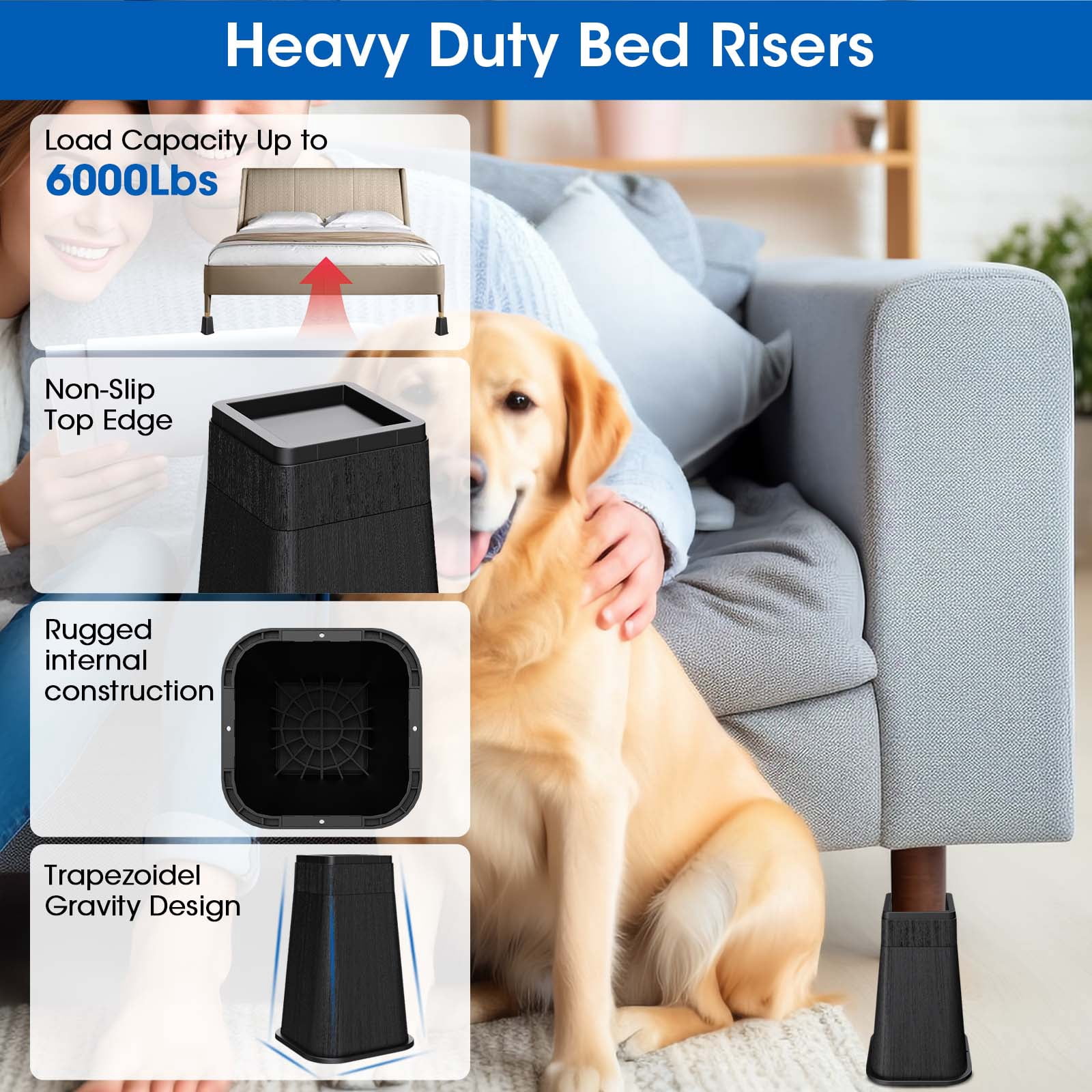 Bed Risers 10 Inch Heavy Duty, Stackable Furniture Risers Lifts 2inch 8inch, 10inch for Table, Desk Leg, Sofa, Couch, Supports Up to 6,000 Lbs, Black, 4 Pack