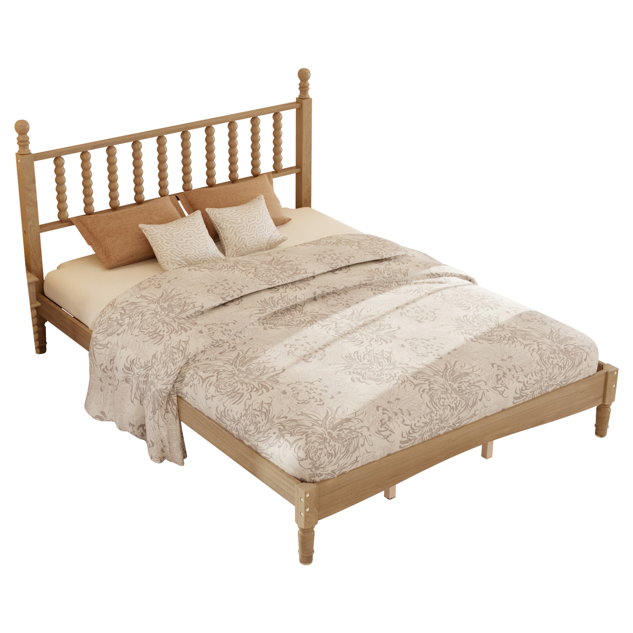Noble House Queen Size Wood Platform Bed with Gourd-Shaped Headboard, Retro Wooden Bed Frame with Slat Support, Natural