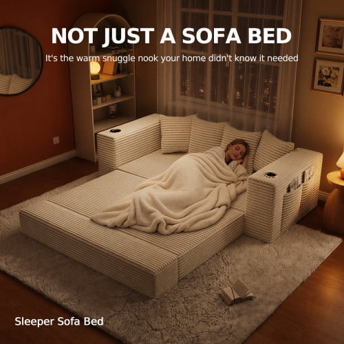77-Inch Frameless Teddy Couch Bed, Boneless Corduroy Convertible Floor Sleeper Sofa with Cup Holders, Side Storage, 30D High-Density Foam, Cream