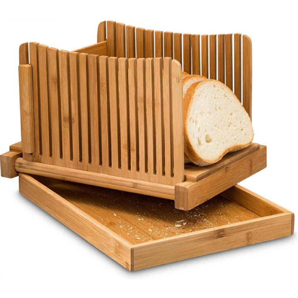 Bamboo Bread Slicer Adjustable Guide with 3 Thickness Size Foldable Compact Chopping Cutting Board with Crumb Tray Catcher Great for Homemade Bread, Cakes, Bagels