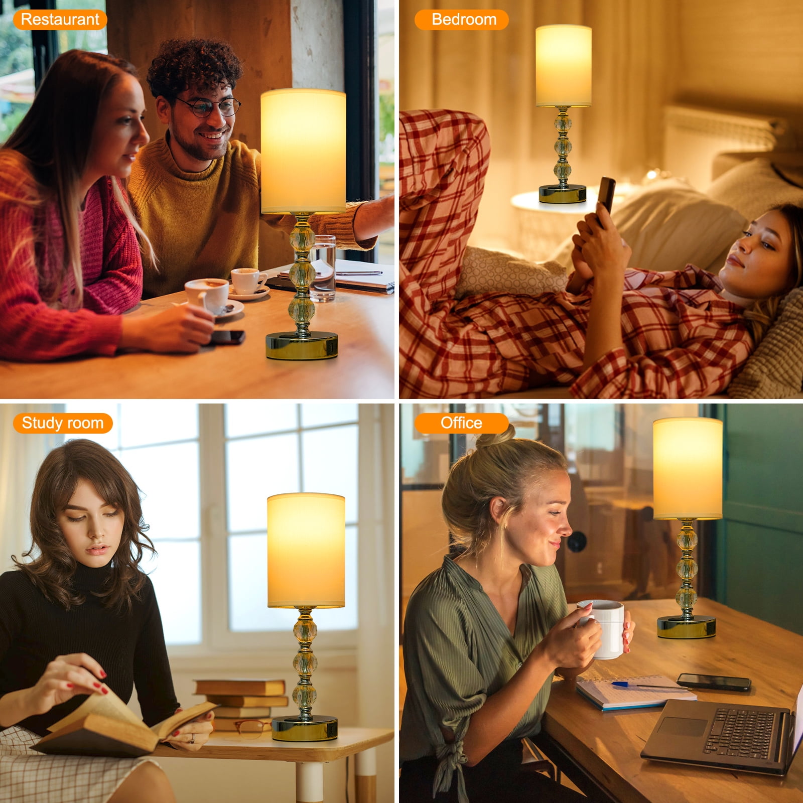 Touch Crystal Table Lamp, Small Bedside Lamp with USB C+A Charging Port and AC Outlet, 3 Way Dimmable Nightstand Lamp for for Bedroom Living Room, Office