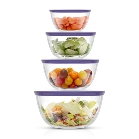 JoyJolt JoyFul by  Set of 4 Glass Mixing Bowls With Lids - 16.5 oz, 33.5 oz, 50.5oz, 67.5oz Purple