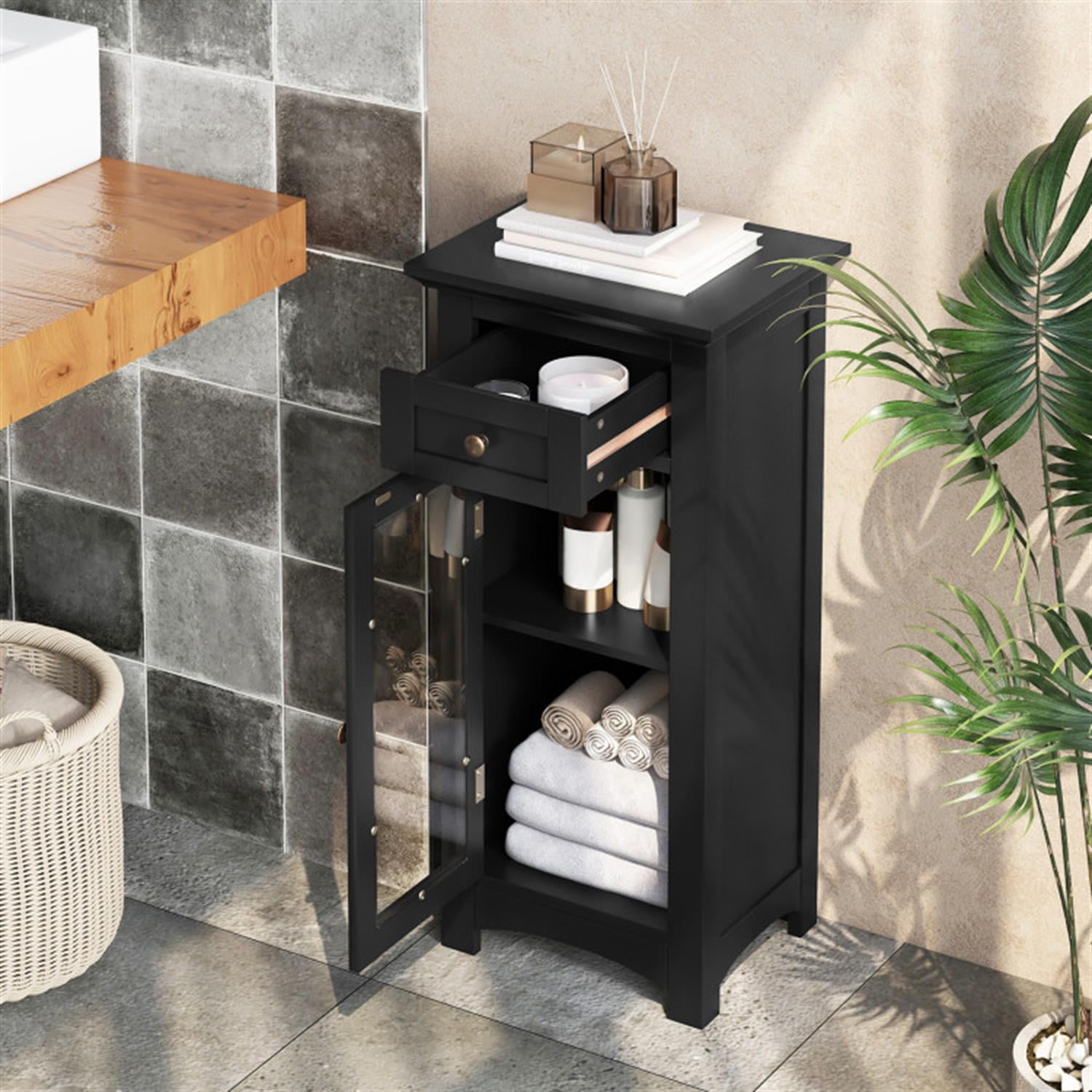 Demi Bonn Bathroom Floor Cabinet with Single Glass Door and Drawers, Bathroom Freestanding Storage Organizer Rack Stand, Multifunctional Corner Unit, Black