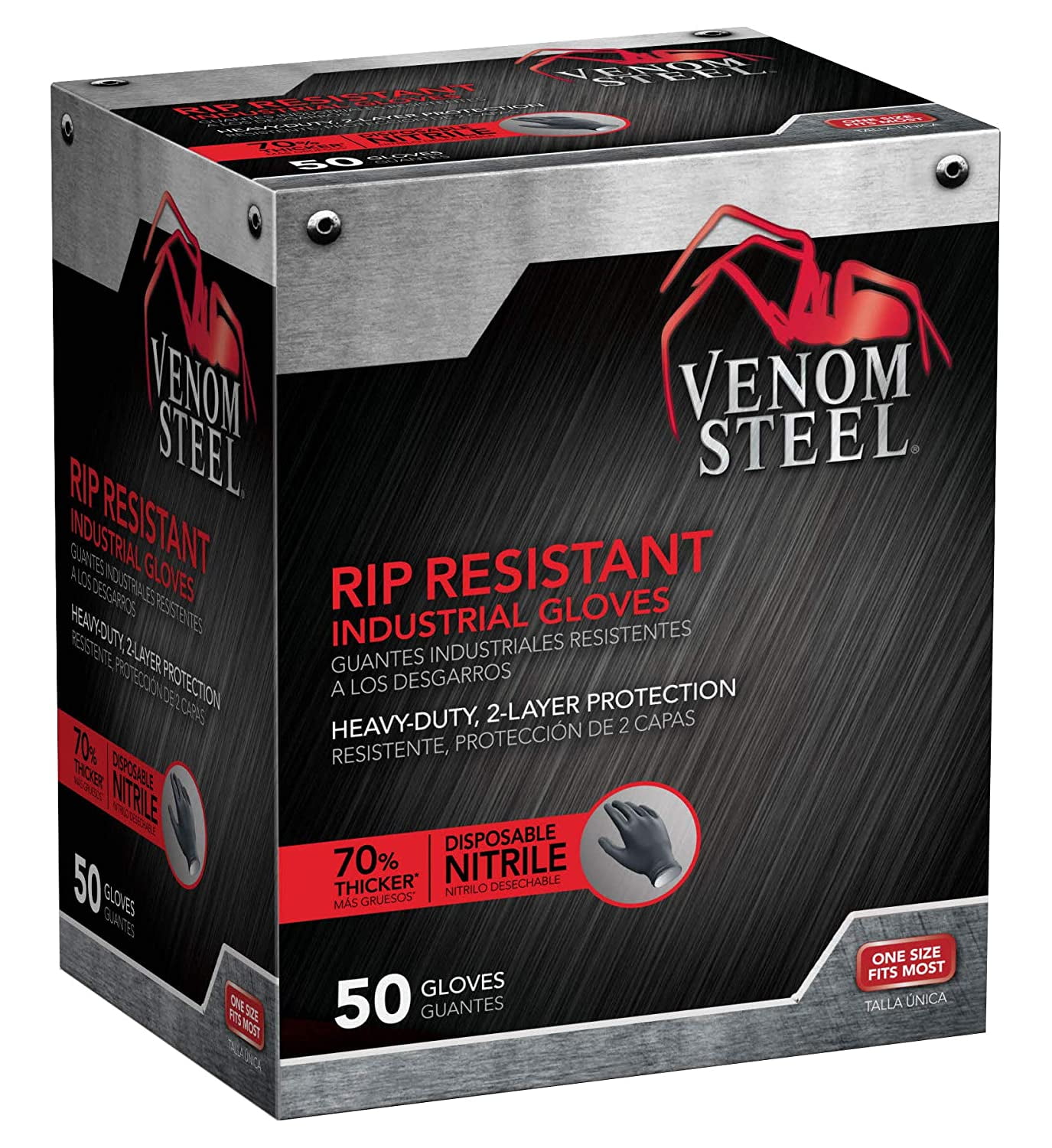 Venom Steel Premium Industrial Nitrile Gloves, Black, One Size Fits Most, 50 Count