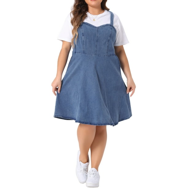 Vestido de mezclilla para mujer de tallas grandes Agnes Orinda, con tirantes ajustables, vestido de mezclilla en línea A con bolsillos, 3X azul