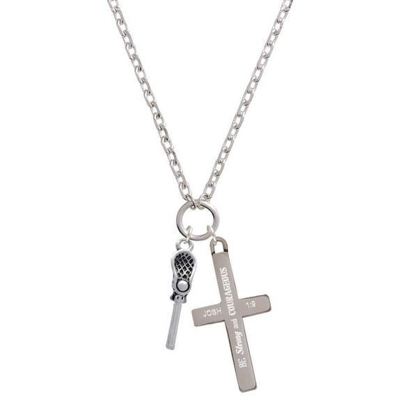 Delight Jewelry Silvertone 3-D Lacrosse Stick and Ball Be Strong and Courageous Engraved Cross Zoey Necklace, 28"