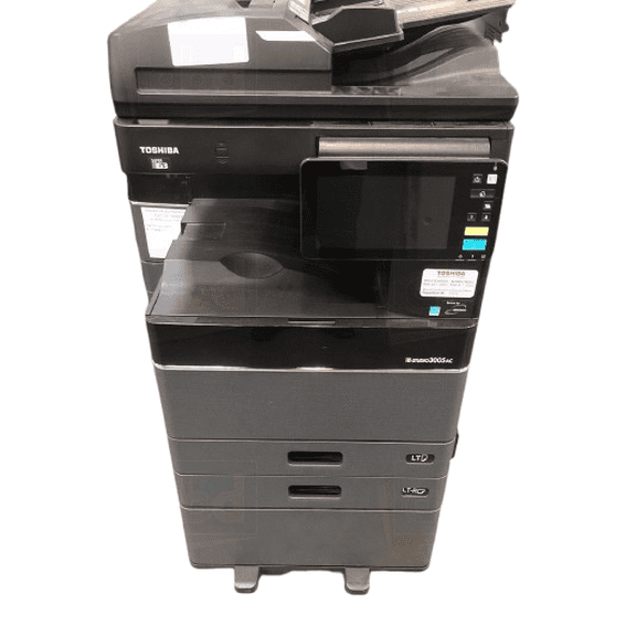 Restored Toshiba E-Studio A3 Color Laser Multifunction Copier – 30 PPM, Print, Copy, Scan, Auto Duplex, Scan-to/Print-from USB, Network Ready, 2 Trays, Stand P/N: 3005AC