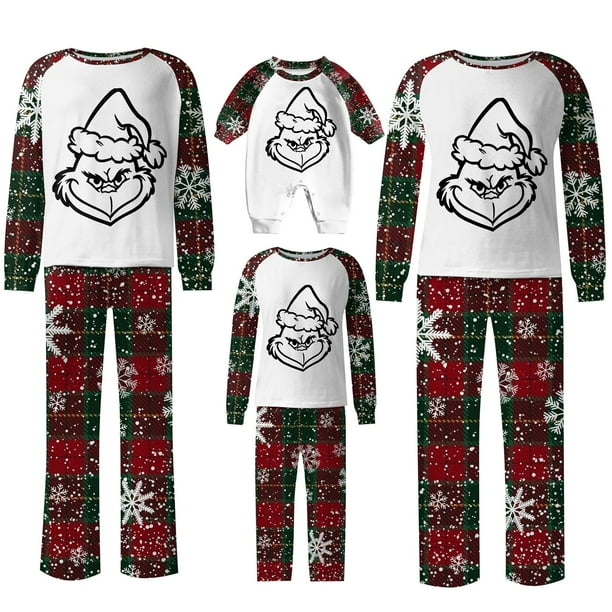 Conjuntos de pijamas navideños familiares a juego Grinch 2024, pijama de Grinch con parte superior y pantalones de pijama a cuadros, pijama de Grinch para niños y adultos para la familia, 9 Meses