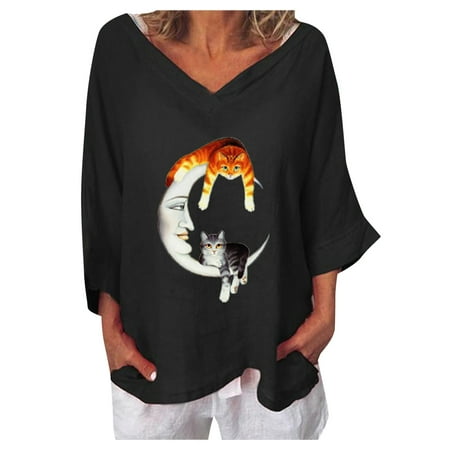 

Four Seasons V-neck Casual Printed Three-quarter Sleeve Blouse black long sleeve shirt women corset tops for women Black 4XL