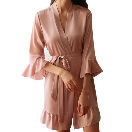GHSOHS Robes for Women Sleep Shirts Bride Robe Sexy Lingerie for Women Autumn Winter Seductive Silk Kimono with Ruffled Sleeves Sleepwear Sleepshirt Robe Pajamas Nightgown