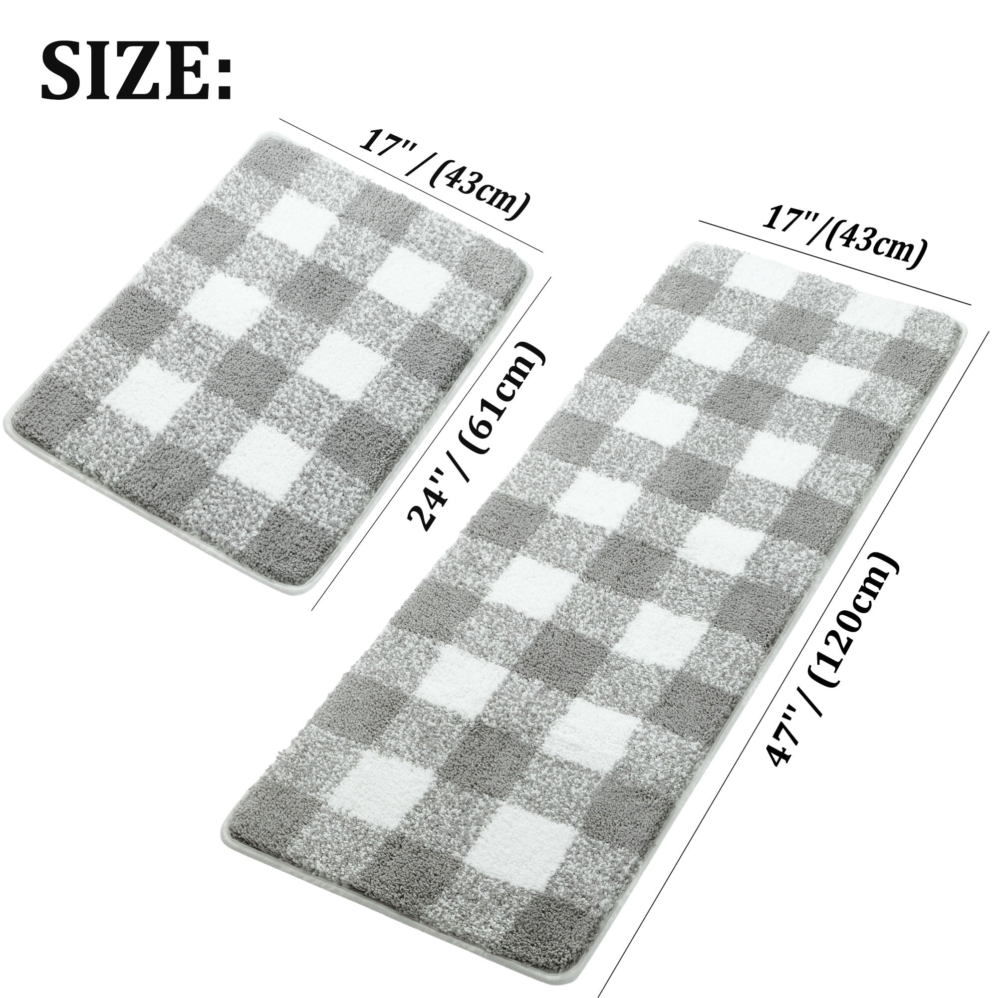 Unique Bargains Soft 2Pcs Microfiber Plaid Bath Rugs Gray & White 17"x24"&17"x47"