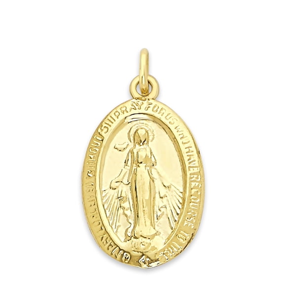 10K Yellow Gold Miraculous Medal Pendant, Virgin Mary Oval Charm