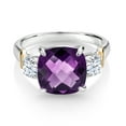 thumbnail image 2 of Gem Stone King 925 Silver and 10K Yellow Gold Purple Amethyst 3 Stone Ring for Women (3.50 Cttw, Gemstone February Birthstone, Cushion Checkerboard 10MM, Round 4MM, Size 5), 2 of 3