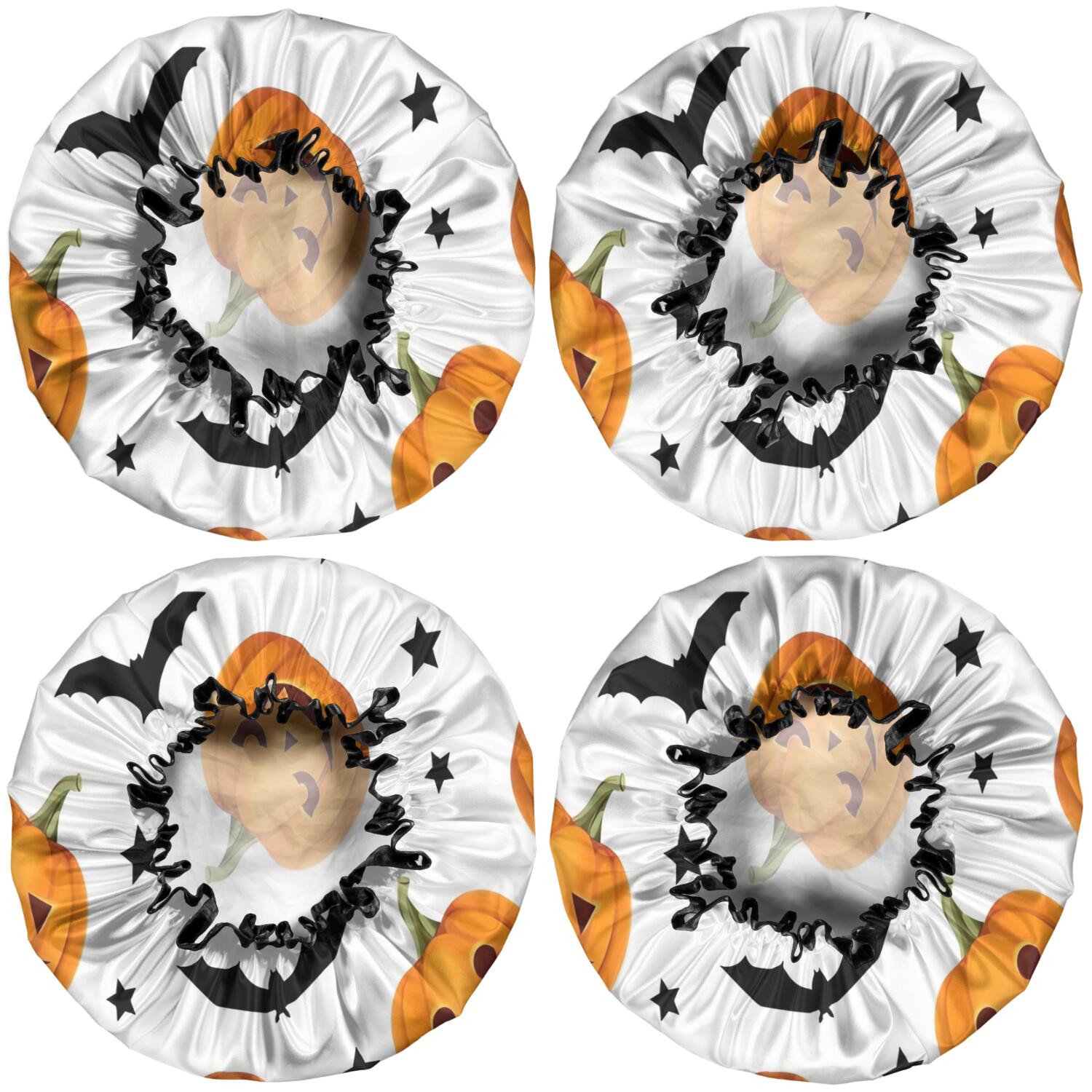 Shower Caps,Halloween Pumpkins Bats and Stars Waterproof Shower Cap for Women 4 Pieces,Double Reusable Hair Cover for Shower PEVA Elastic Stretch Hem