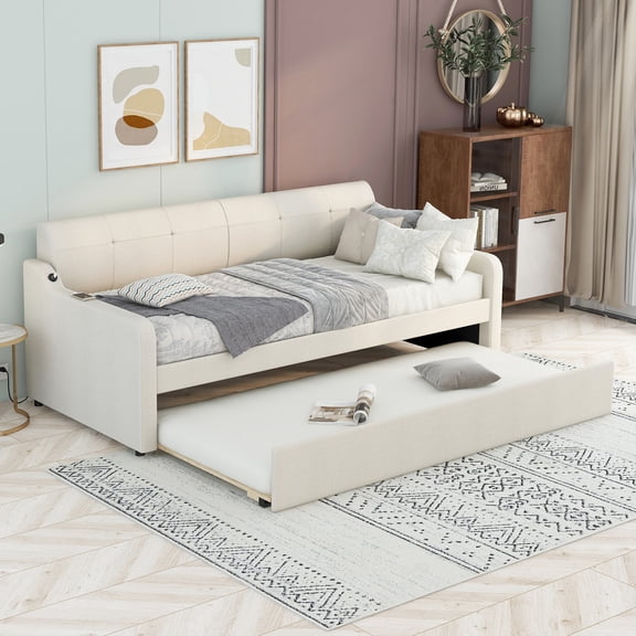 Alvantor Twin Upholstered Daybed with Trundle, Wood Sofa Bed With USB Port for Living Room Bedroom, Beige
