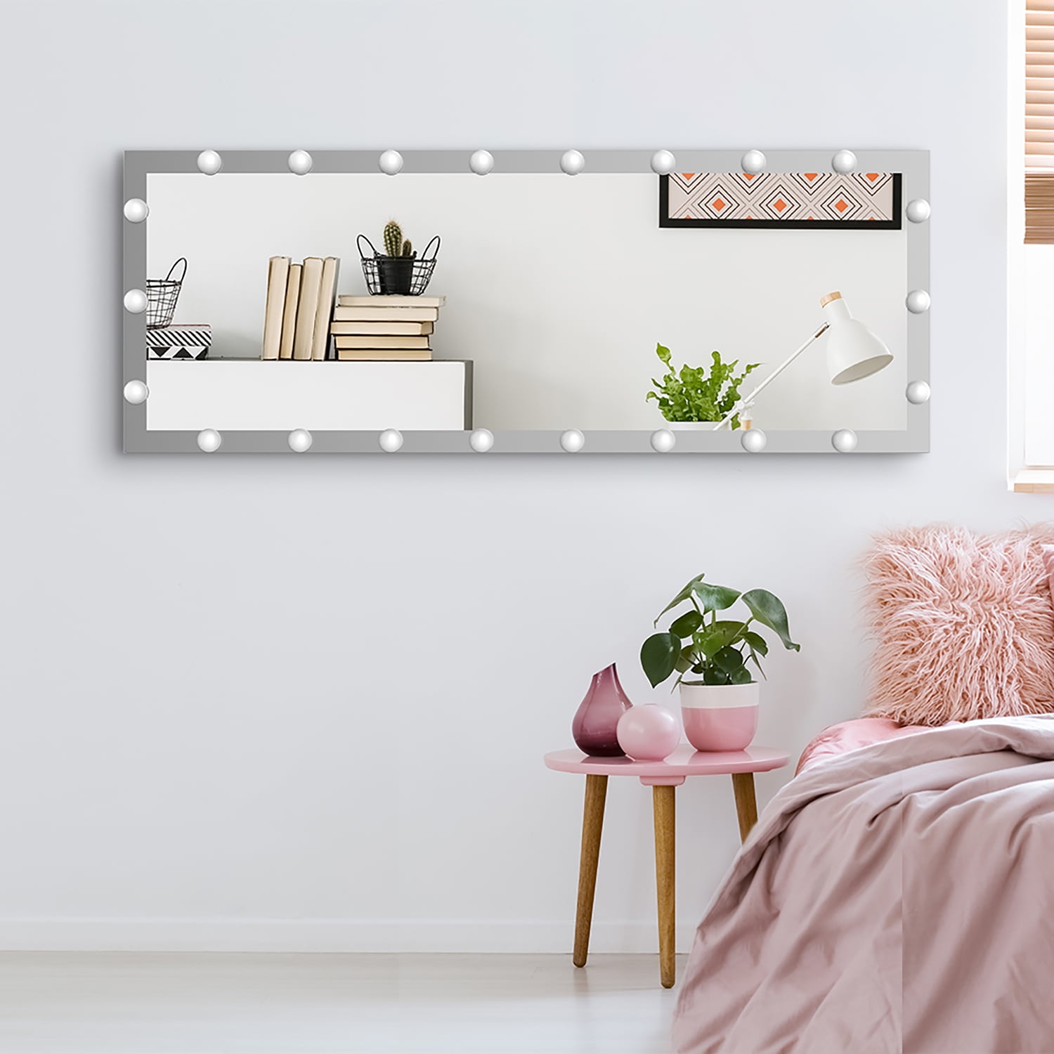 Resenkos LED Against Wall Full Length Mirror with Vanity Lights for Body Dressing, Bedroom Hanging Standing Mirror with Silver Aluminum Alloy Frame