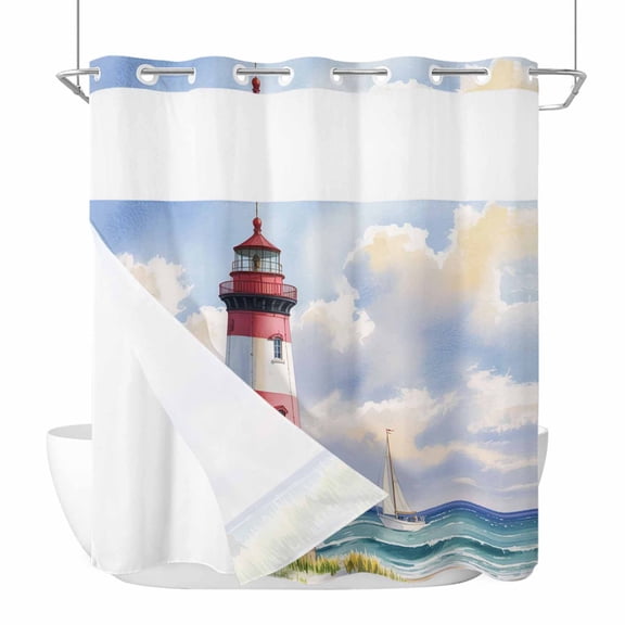 No Hook Shower Curtains with Snap-in Liner Set, Beach Lighthouse Waterproof Hotel Style Bathroom Shower Curtain, Coastal Ocean Ship Sky Oil Painting Breathable Mesh Top Window Bath Curtains 66''x72''