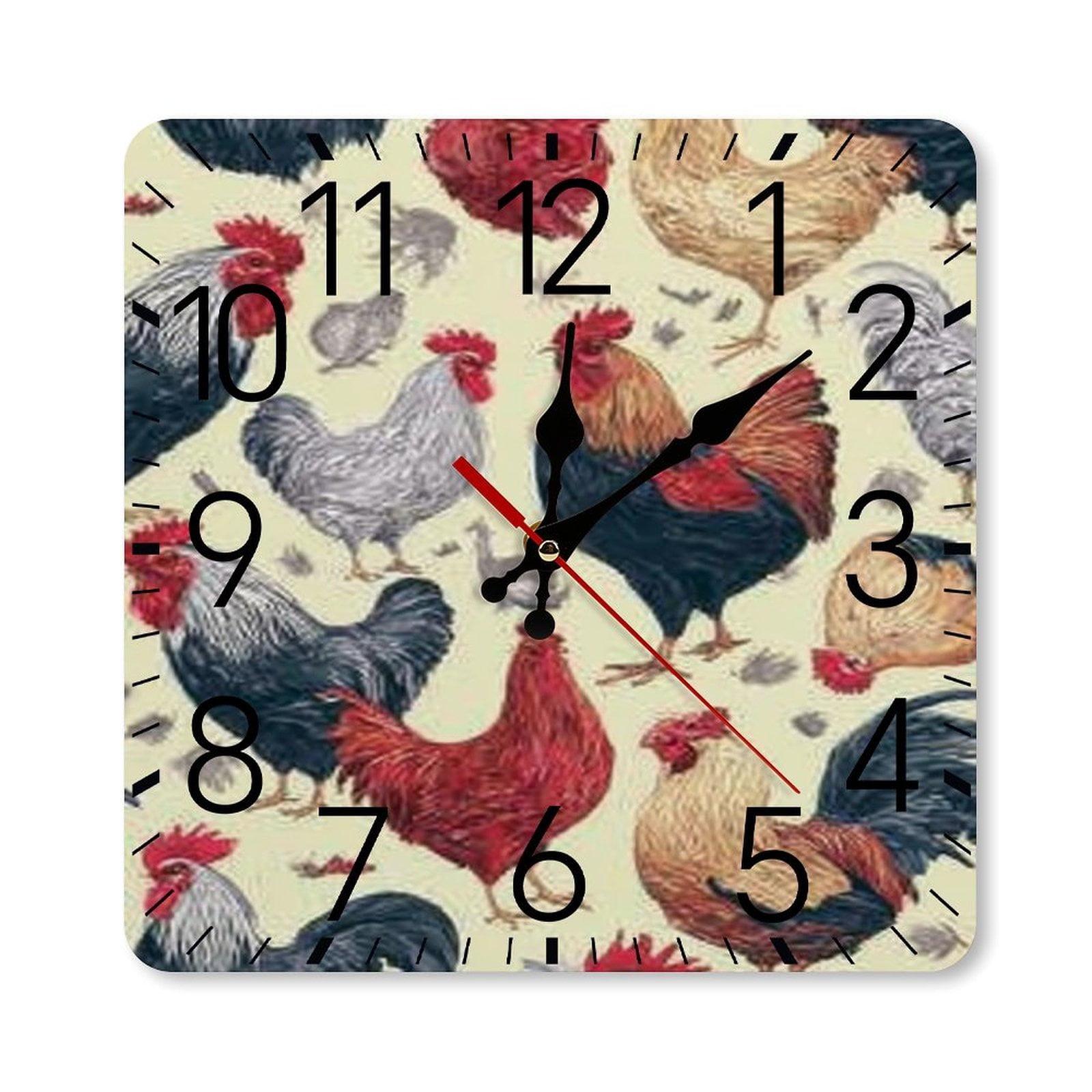 RKSupls 10×10inch Square Silent Wall Clock Wooden Frame, Rooster Chicken Scale Decorative Clock for Home Bedroom Living Room Office