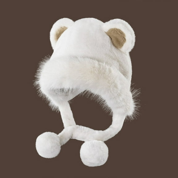 Women Winter Plush Bear Ear Hat Thick Warm Knit Cap Cute Oversize Ear Protection