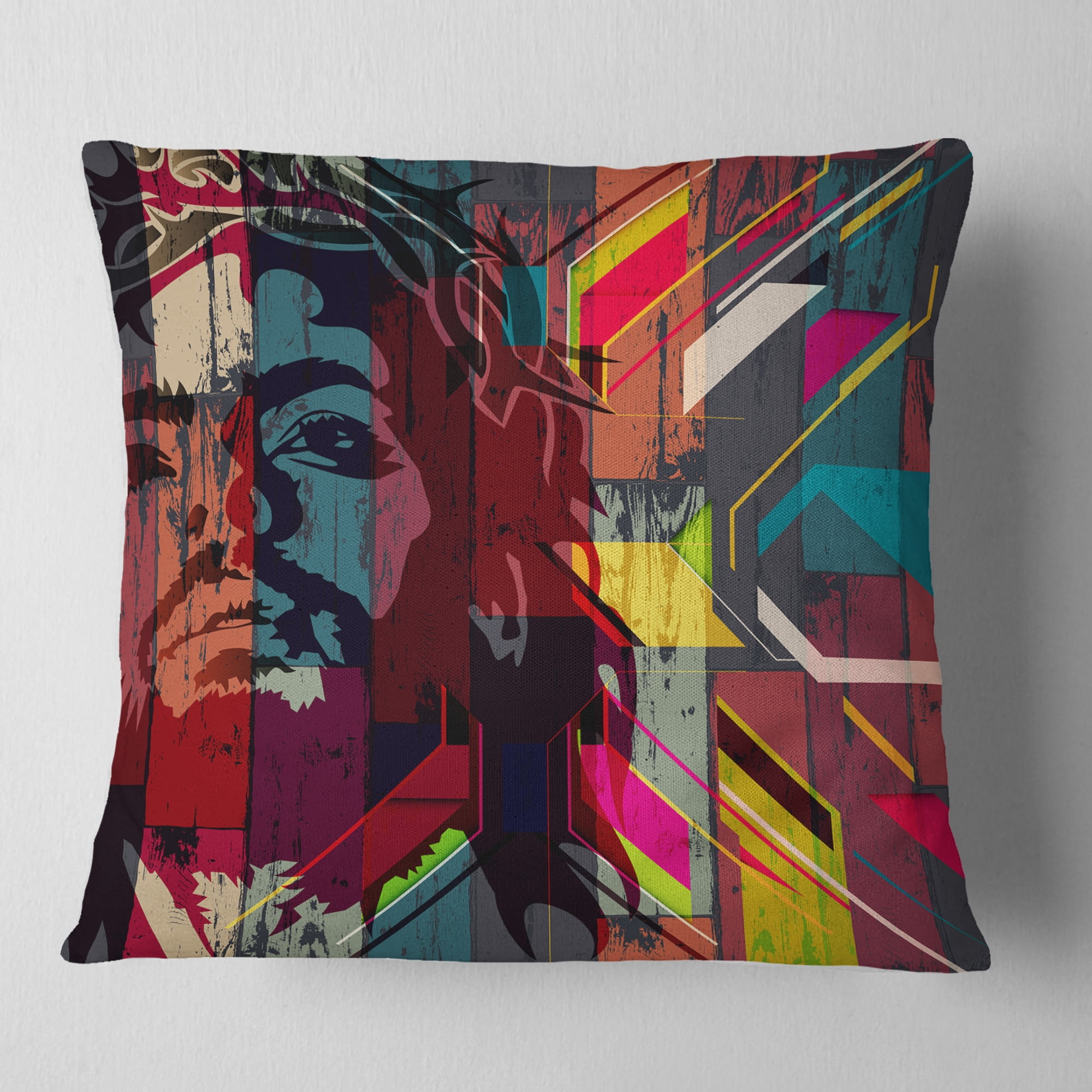 Designart Jesus over Abstract Wooden Design - Abstract Throw Pillow - 18x18