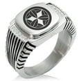 thumbnail image 1 of Stainless Steel Takenaka Samurai Crest CZ Ribbed Needle Stripe Pattern Biker Style Polished Ring, 1 of 1