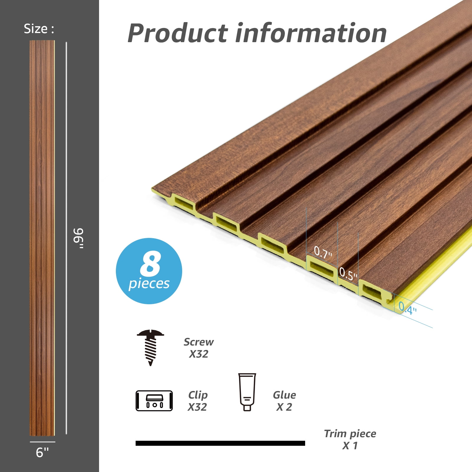 Art3d Slat Wall Panels, WPC Soundproof 3D Wall Paneling, 8-Pack 96 x 6 in. Teak