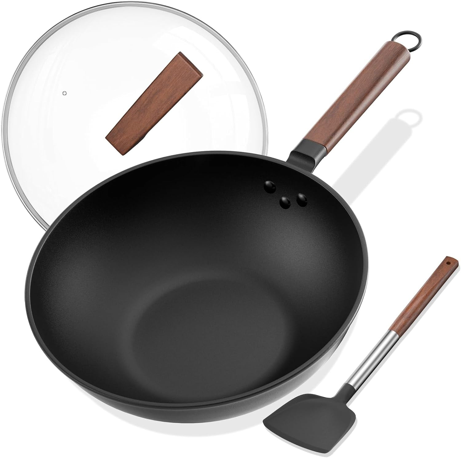 Carbon Steel Wok, 13-Inch, Pre-Seasoned, Non-Stick, with Lid and Spatula, Flat Bottom, Ideal for Stovetop Cooking
