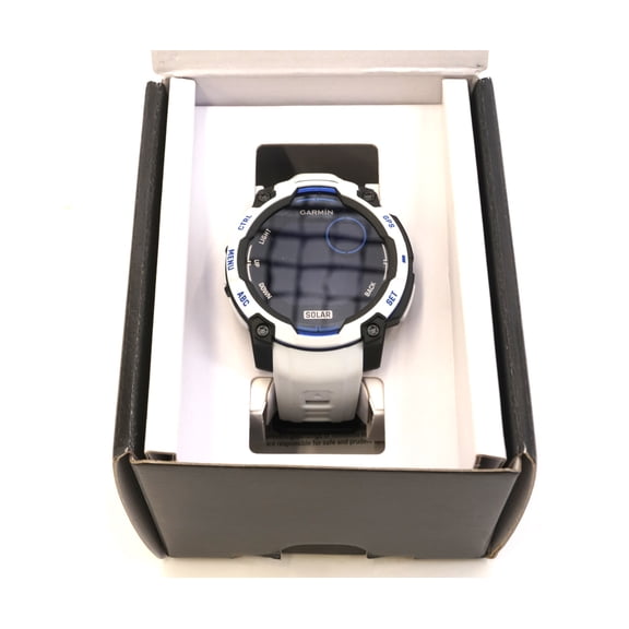 Pre-Owned Garmin Instinct 3 - 45 mm, Solar, Rugged Outdoor GPS Smartwatch, Built-In Flashlight, Supernova Collection Limited Edition Color, Whitestone with Whitestone/Bolt Blue Silicone Band