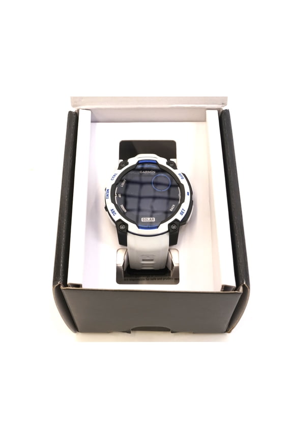 Pre-Owned Garmin Instinct 3 - 45 mm, Solar, Rugged Outdoor GPS Smartwatch, Built-In Flashlight, Supernova Collection Limited Edition Color, Whitestone with Whitestone/Bolt Blue Silicone Band