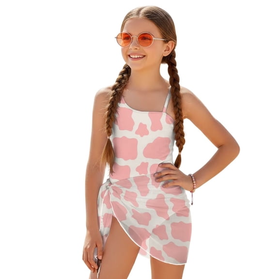 Jiueut Pink Cow Spot Print Girls One Piece Swimsuit with Adjustable Strap One Shoulder Swimwear with Mesh Cover Up Skirt Cute Bathing Suit 7-18 Years