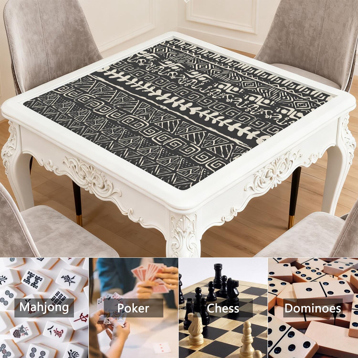 Classic Boho Style Non-Skid Rubber Mahjong Mat 31.5 Inch Square Large Playing Surface with Noise Reduction for Game Room Family Fun and Cards