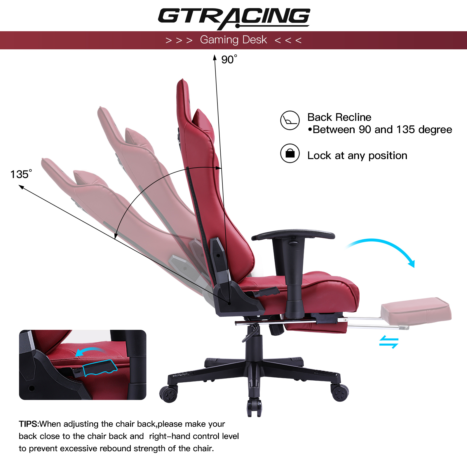 GTRACING Gaming Chair with Footrest Ergonomic Reclining Leather Chair, Dark Red - image 5 of 6